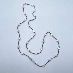 Long Keshi Pearl & Hematite Beaded Necklace With Bronze Accents 36"